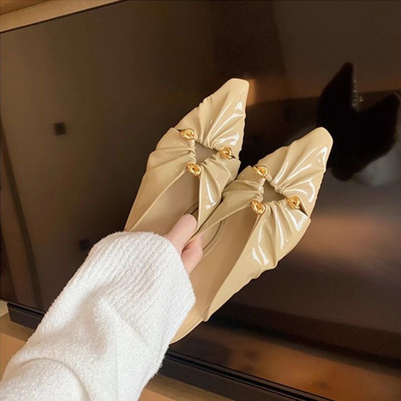 Grape Mom's Same Style Spring New Triangle Buckle Hollow Pointed Pleated Baotou Muller Half Slippers Women's Genuine_voghion.com