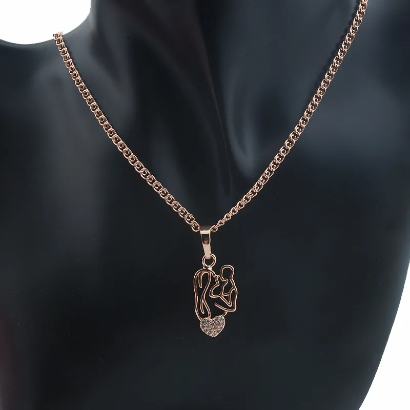 Colliers pendentifs pour femmes et hommes en or rose 585 avec pendentif en forme de cœur en cristal pour mère et bébé_voghion.com