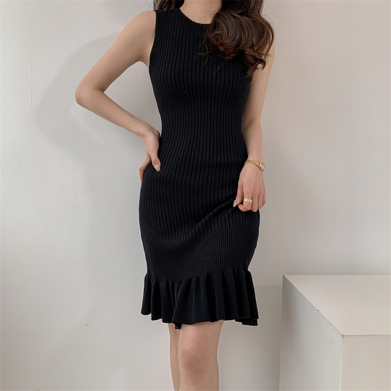 Modisches Meerjungfrau-Rüschen-Strickkleid für Damen, schmale Passform, ärmellos, elegant, mittellang, zierlich, figurbetontes Tank-Kleid_voghion.com