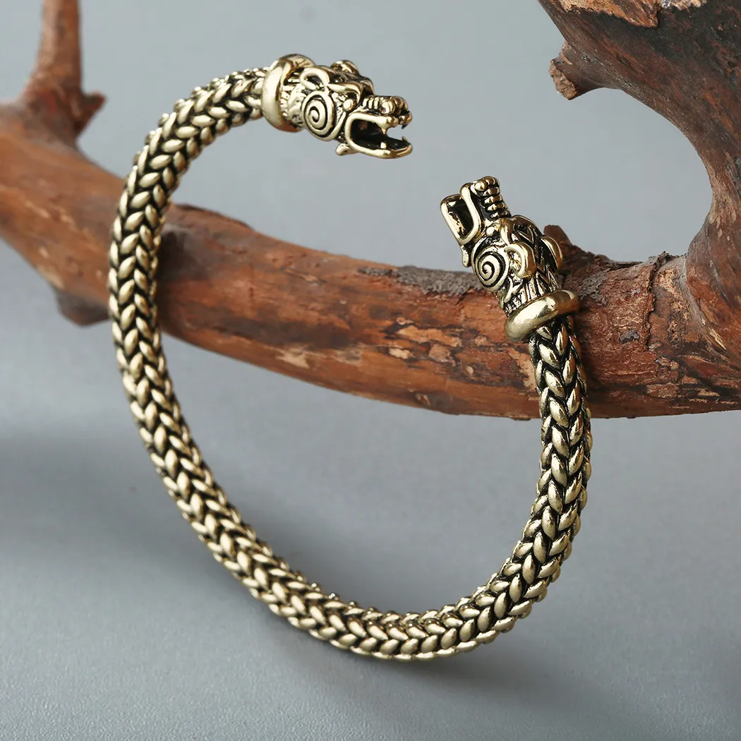 Viking Dragon Bracelet For Men Open Cuff Silver And Bronze Tone_voghion.com
