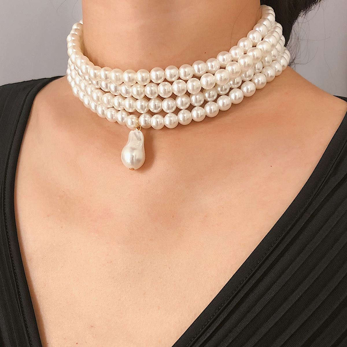 Hot selling personality simple circular geometric collar multi-layer rice pearl shaped pendant necklace for women