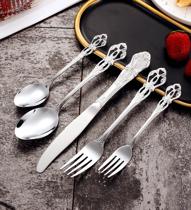 Conjunto de talheres de aço inoxidável dourado, colher, garfo e faca de bife europeus, retrô, oco, louça, talheres_voghion.com
