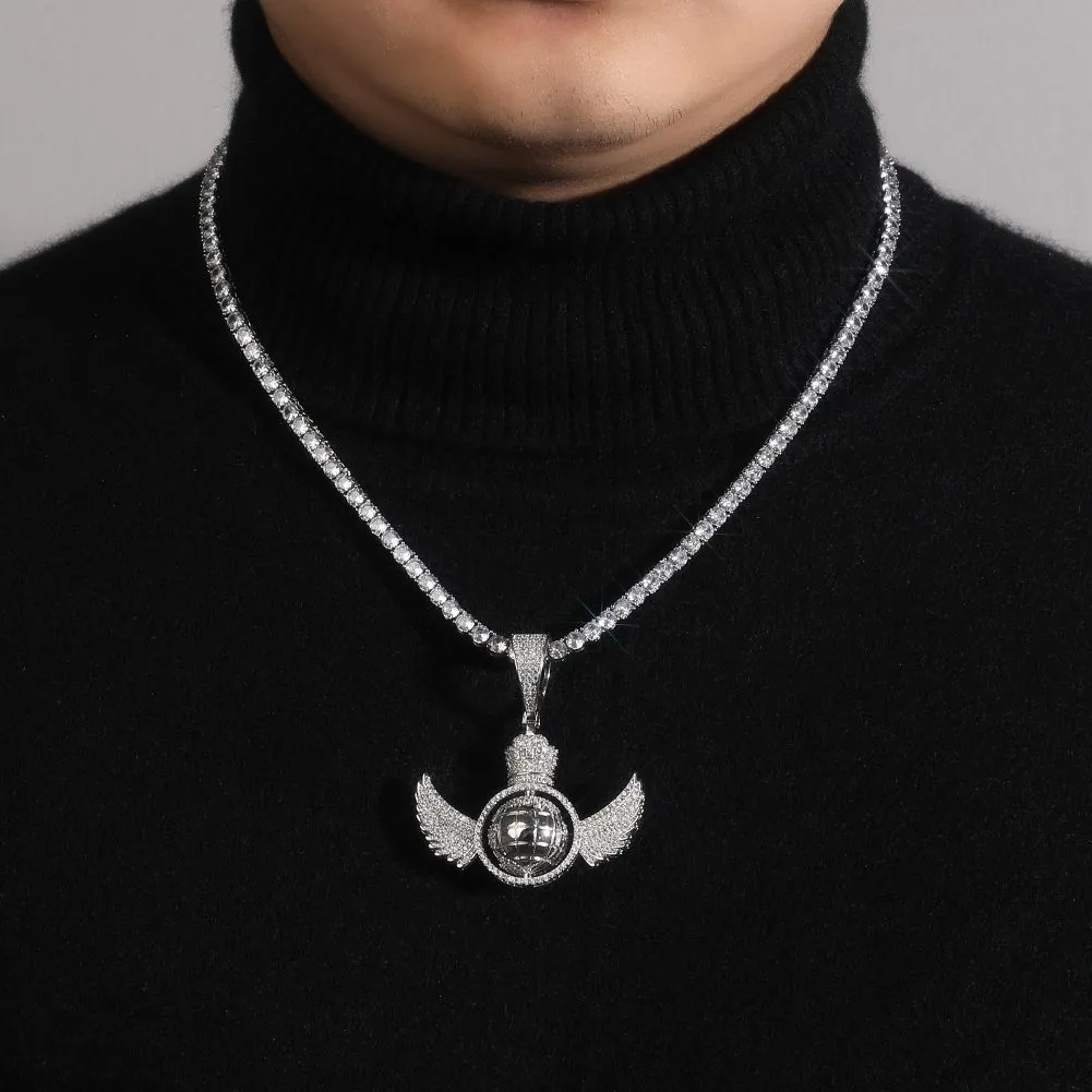 Hip Hop Engelsflügel drehen den Globus Anhänger Halskette voller 5A Zirkon echt vergoldet Schmuck_voghion.com