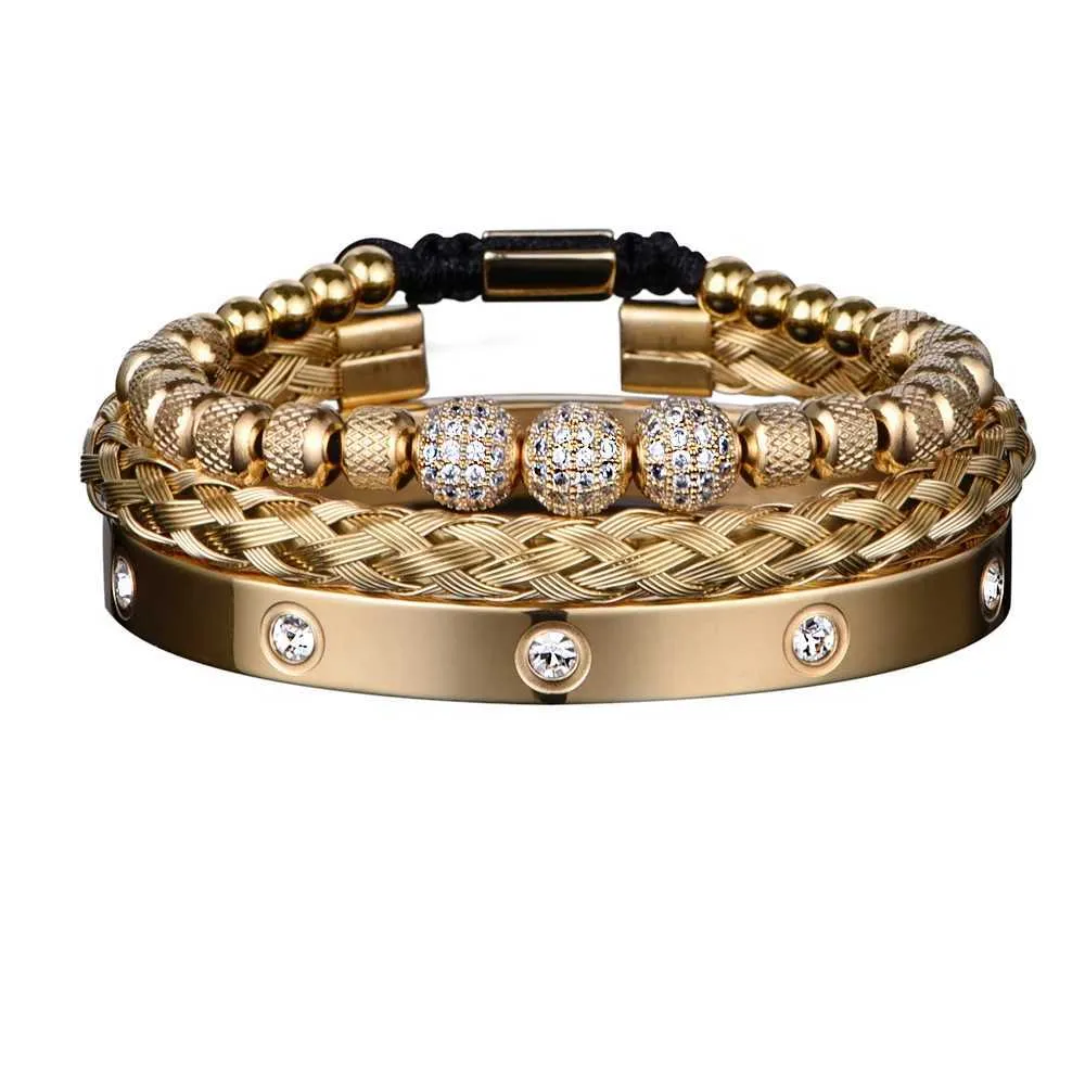 Pulseira 3 Deluxe Micro Pay CZ Contas Redondas Royal Charm Pulseira Masculina de Cristal em Aço Inoxidável Casal Joias Feitas à Mão Presentes_voghion.com