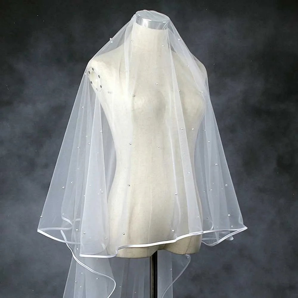 Haarschmuck Perlen Perlen Braut 2 Tier Lange Kathedrale Schleier Band Rand Mit Kamm Drop Stil Brautkleider_voghion.com