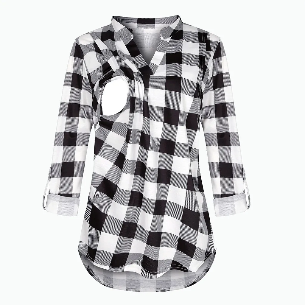 Tees Annelik Emzirme Tişörtü V Yaka Bluzlar Gömlekler Uzun Kollu Çizgili Emzirme Üstleri Hamile Kadınlar İçin Giysiler_voghion.com