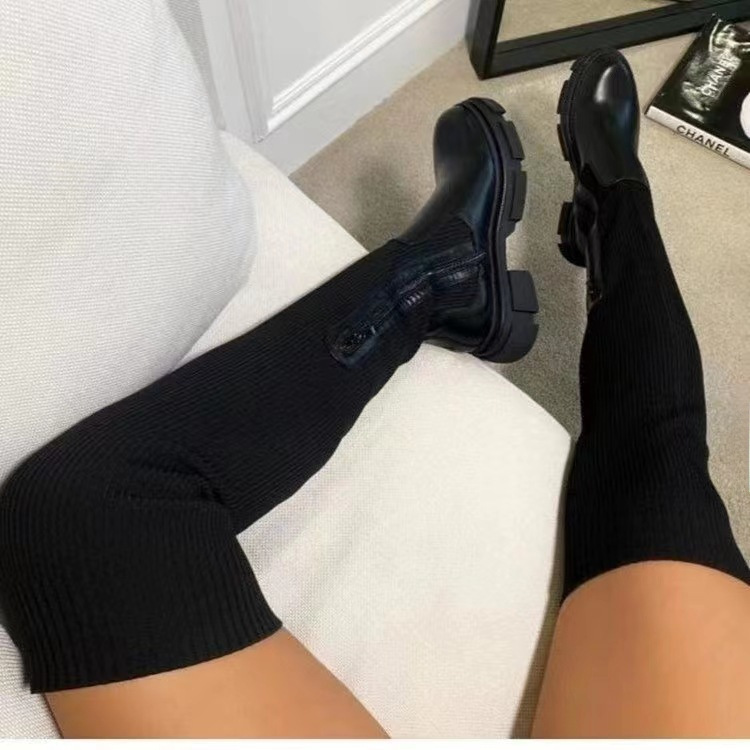 Bottes grande taille pour femmes, nouvelles bottes d'automne de grande taille au-dessus du genou, bottes en tricot volantes à tête ronde
