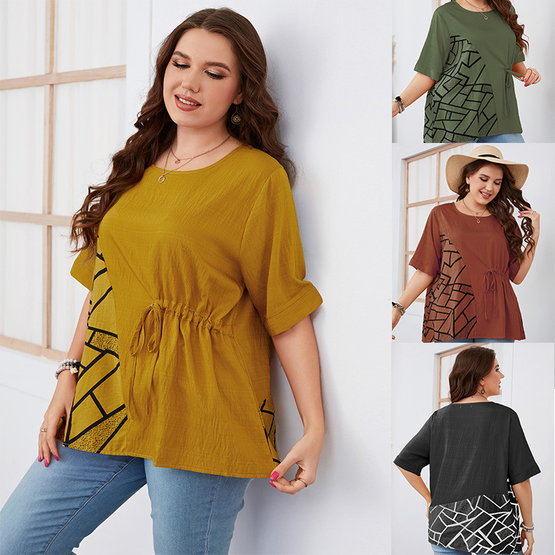 plus size women's clothing five-point short-sleeved round neck slim temperament commuting solid color plus size fat girl shirt_voghion.com