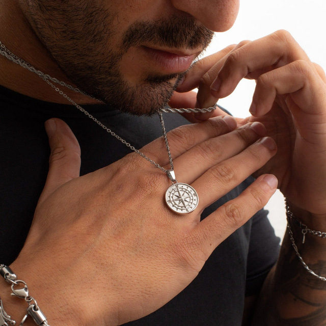 Collana a strati da uomo con ciondolo a forma di bussola nautica da viaggio, gioielli alla moda, molto venduta_voghion.com