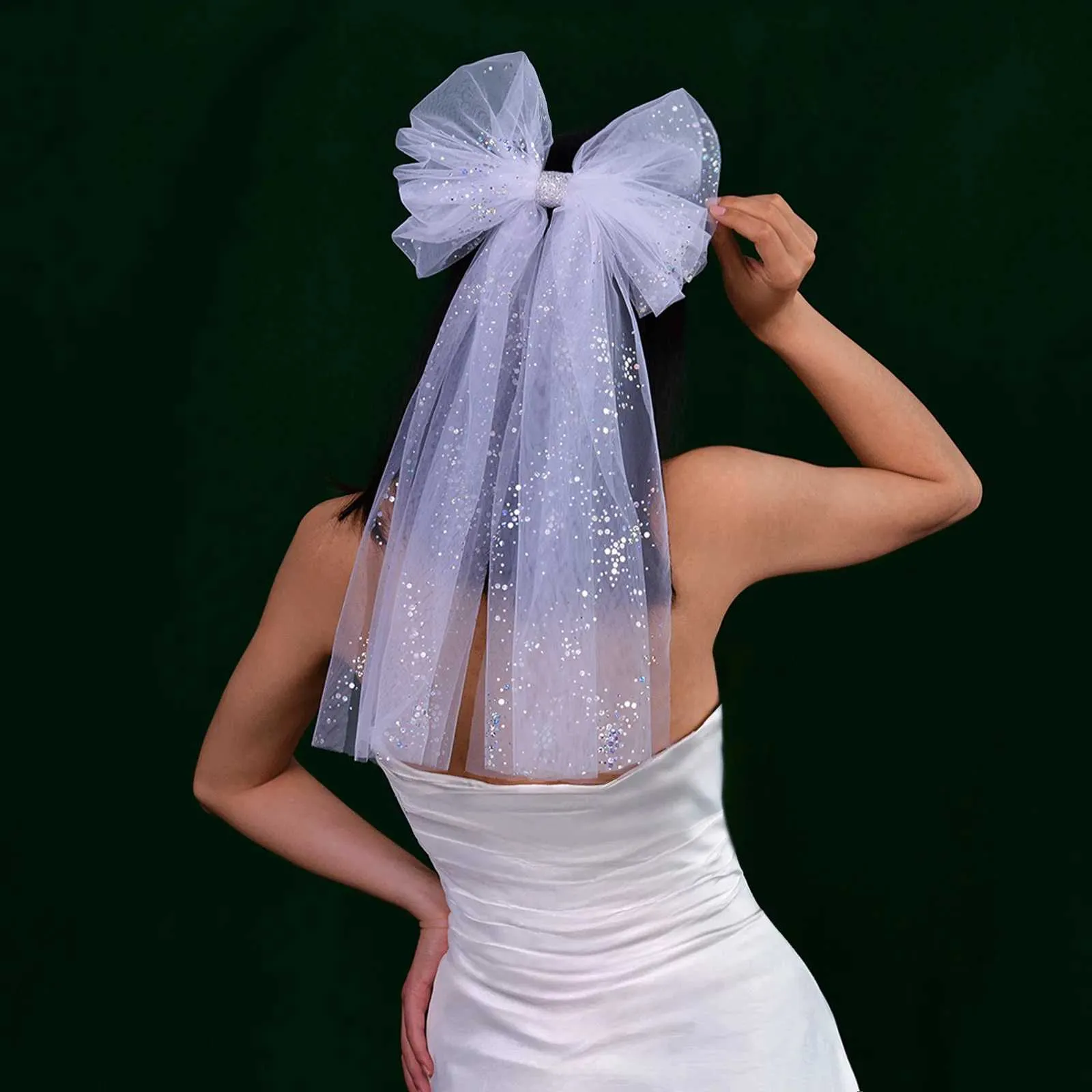 Gioielli Corto fiocco da sposa da sposa con pettine per capelli Scintillante velo morbido per la sposa Ragazza di fiori Accessori per addio al nubilato_voghion.com