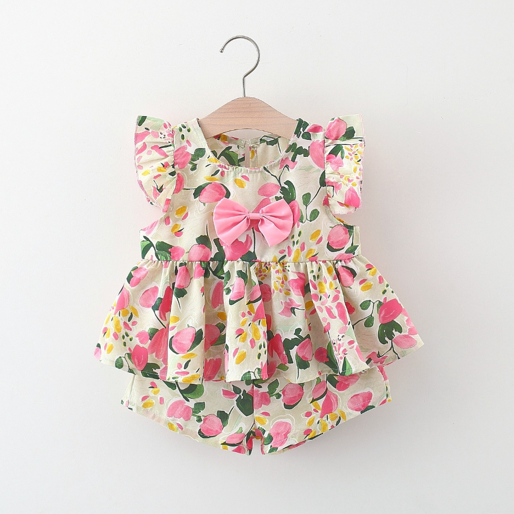 Infant Girl Clothes Set Flower Printed Bow Top+Cotton Shorts Summer Comfortable Kids Clothes_voghion.com