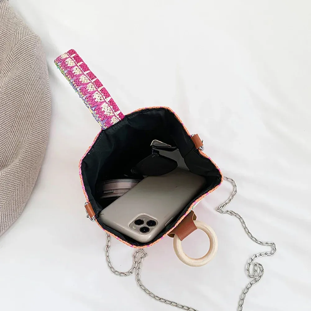 Sommer-Stroheimer für Damen, Handtasche, Rattan, Strand, Boho, lässig, bunt, gewebter Griff, Schultertasche, Umhängetasche, Handytasche_voghion.com