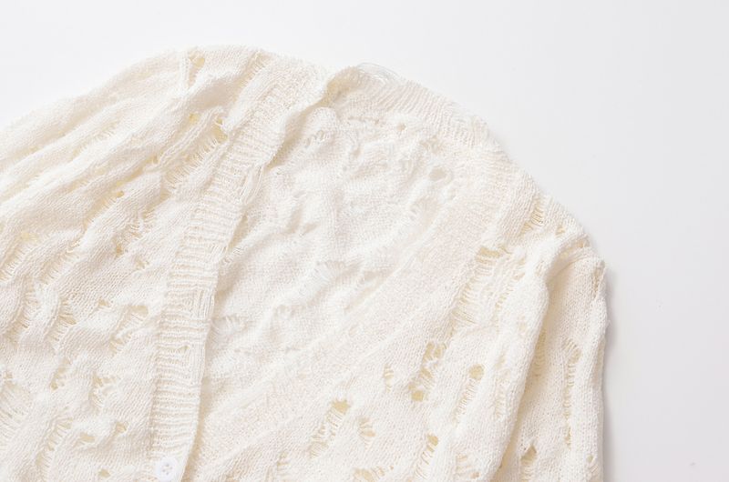 Women's white V-neck holes to do old sweater coat routine hollow-out single-breasted long-sleeved cardigan_voghion.com