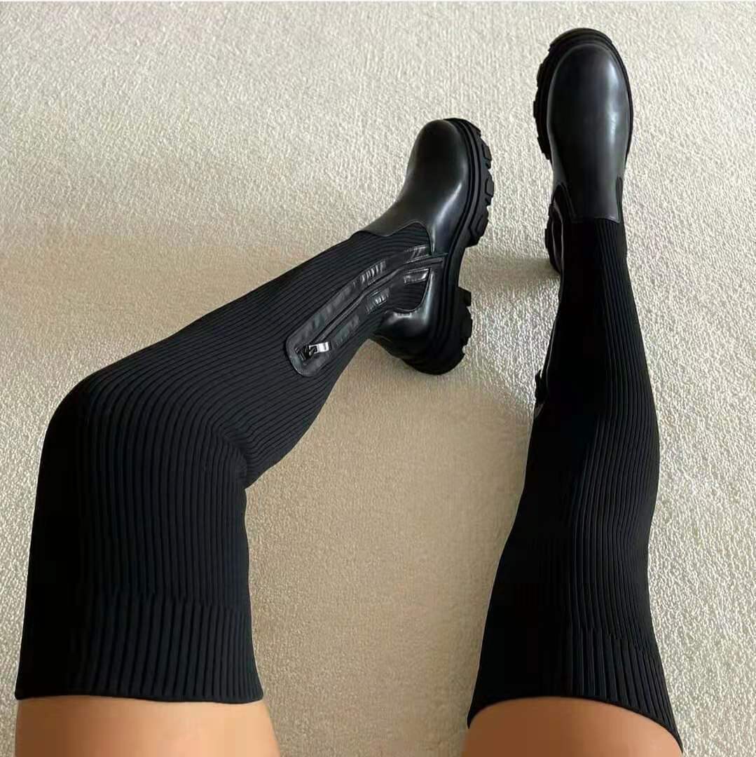 Cross-border European and American Autumn and Winter Thick Bottom Round Head Knitted Stitching Over-the-knee Women's Boots 2021 Large Size Elastic Fly