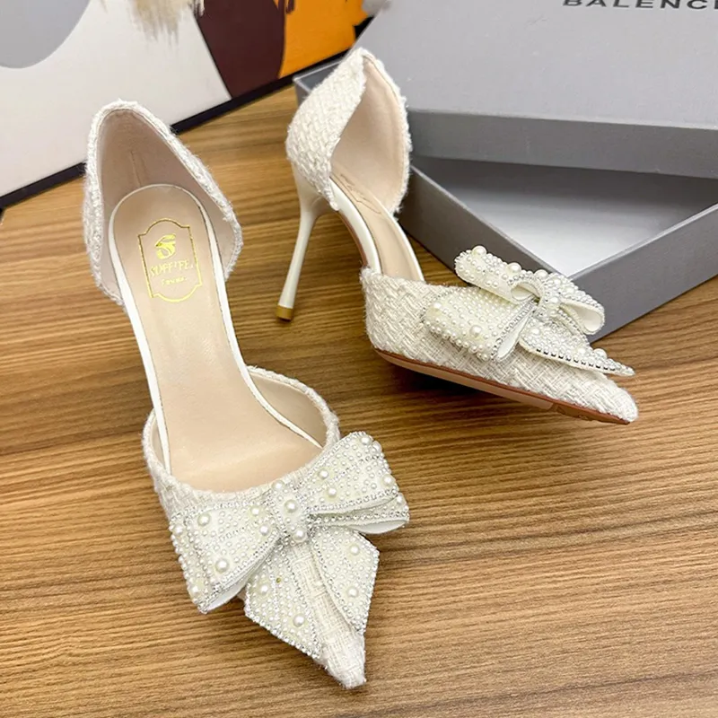 Parel Kristal Strik Wit Bruiloft Vrouwen 2024 Lente Merk Designer Hoge Hakken Pumps Vrouw Dunne Hak Feestschoenen_voghion.com