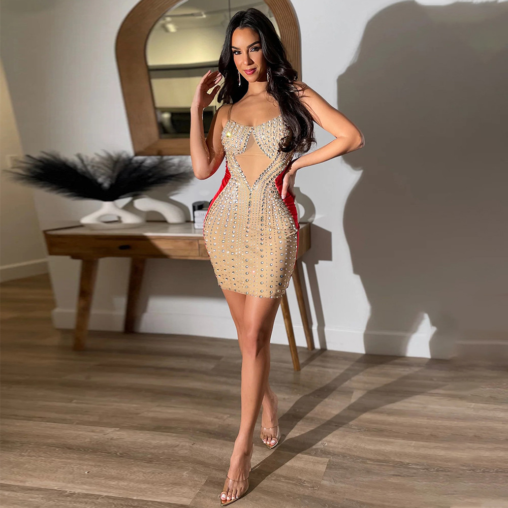 Damenbekleidung, sexy, heißes, durchsichtiges, hüftbedeckendes, ärmelloses Strapskleid aus Diamant-Samt-Spleißnetz für Damen_voghion.com