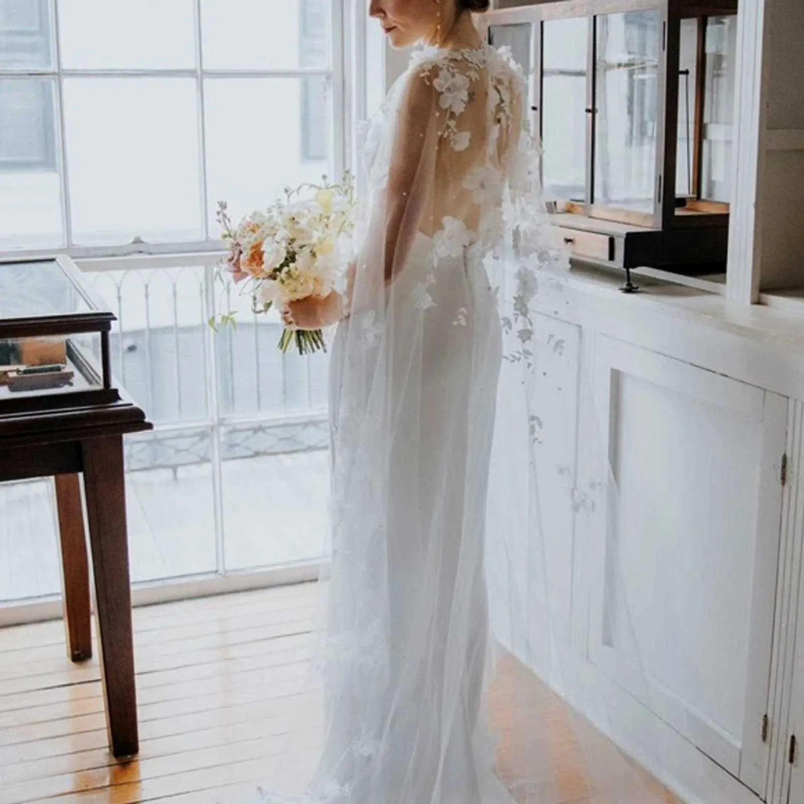 Hair Jewelry Womens Long Capes Veil 3D Flowers Bridal Cloak Wedding Accessories For Bride Bolero Shawl Soft Evening Cape_voghion.com