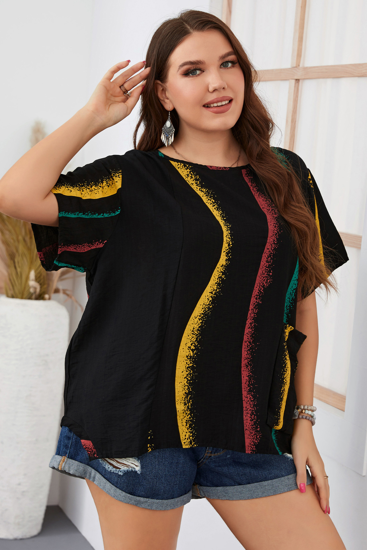 Women's striped contrast color large size women's shirt slim round neck women's clothing_voghion.com