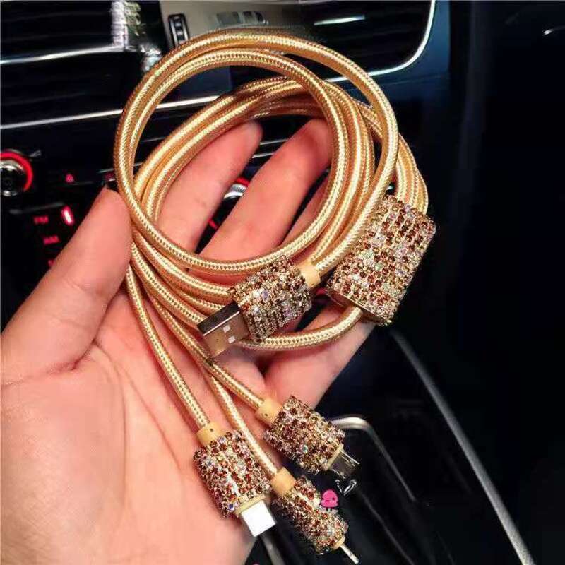 Elmas Gömülü Bir ila Üç Hızlı Şarj Veri Kablosu, Araba USB Çakmak, Cep Telefonu Şarj Cihazı_voghion.com