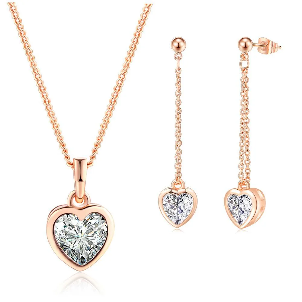 Collana con ciondolo a forma di cuore minimalista in zircone e orecchini per donna, set di gioielli di fidanzamento placcati in oro_voghion.com