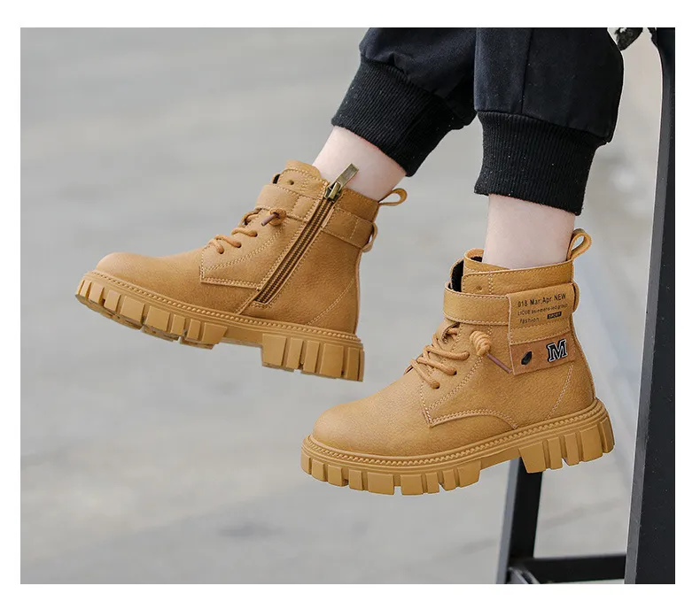 Botas Happysteps de cuero estilo motociclista con correa al tobillo para niños grandes, para montar a caballo, senderismo, otoño e invierno, talla grande_voghion.com