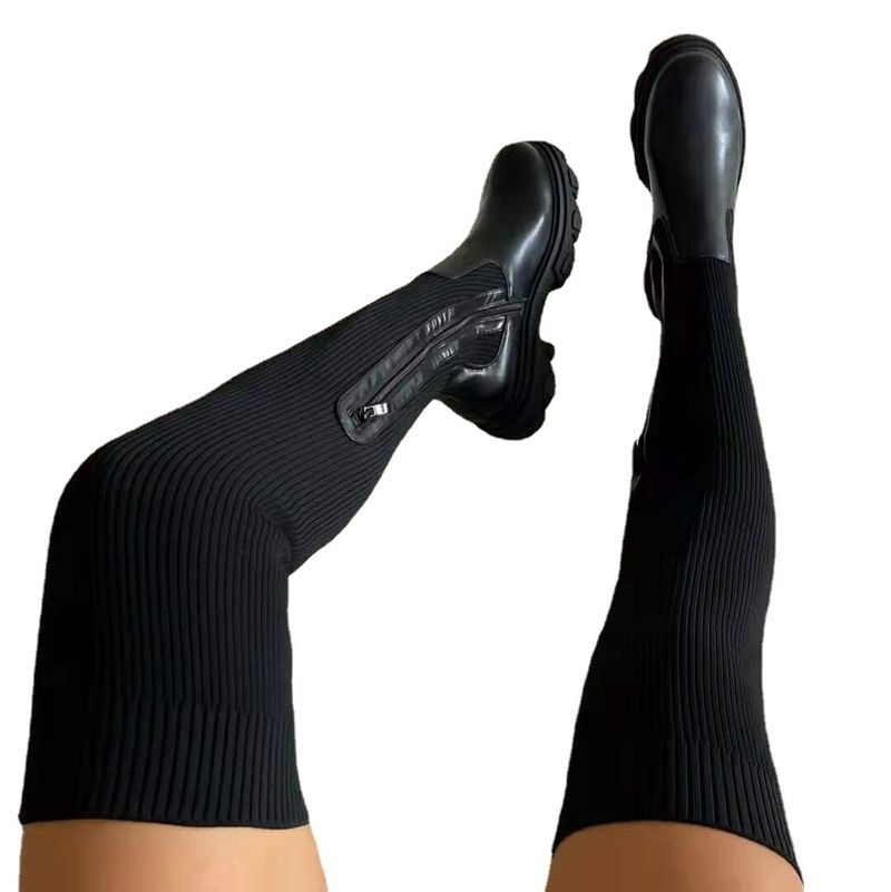 Botas hasta la rodilla de suela gruesa de otoño e invierno para mujer con botas altas de lana tejidas con mosca elástica, punta redonda, transpirables, de una sola bota_voghion.com