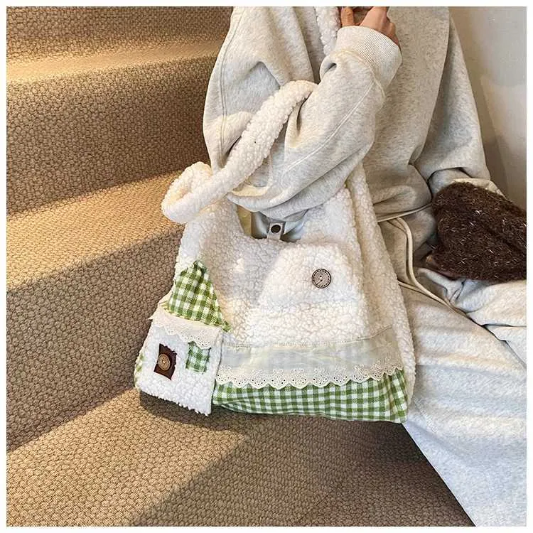 Womens Cute Fleece Patchwork Cartoon Pattern Solid Plush Shoudler Bag Large Capacity Female Commute Veet Handle_voghion.com