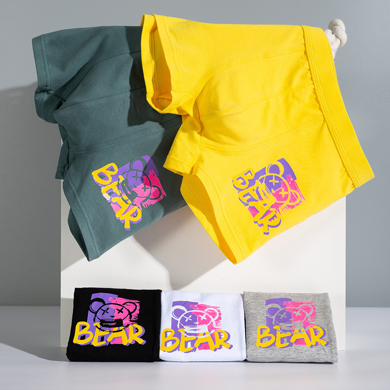 Novinka2024 Trendy pánska spodná bielizeň Čistá bavlna Plochá priedušná osobnosť Kreslený medveď Šortky so štyrmi rohmi_voghion.com