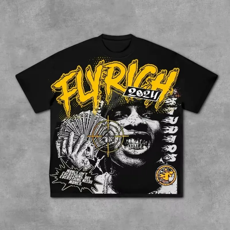 Men's T Shirts Fly Rich Abstract Human Face Graphic Cotton T-Shirt Men Y2K Summer Short Sleeves Oversize Tshirt_voghion.com