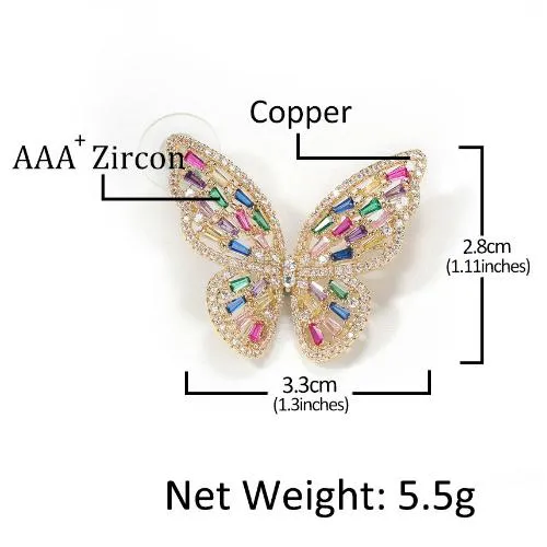 Boucles d'oreilles papillon en zircon cubique en or rose personnalisées, 4 couleurs, nouvelle mode punk, boucles d'oreilles à tige en diamant scintillant_voghion.com