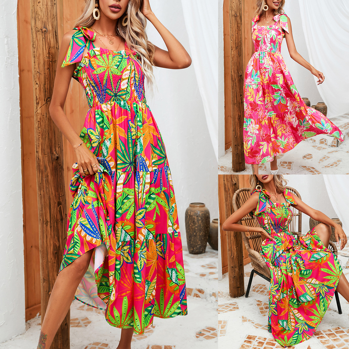 Damenkleid „2024 Summer“ mit Blattmuster und Wickeldesign und Bindeband_voghion.com