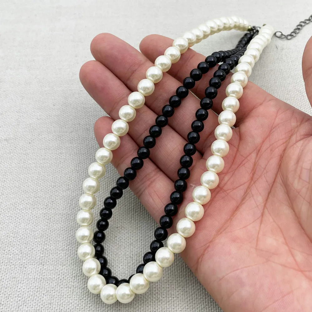 Ketten M158 Modeschmuck Schwarze Perlen Weiße Perle Doppelschichtige Halskette Frauen_voghion.com