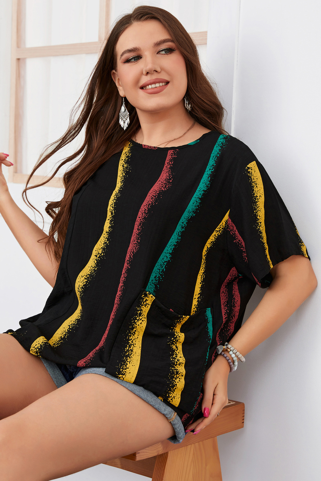 Women's striped contrast color large size women's shirt slim round neck women's clothing_voghion.com