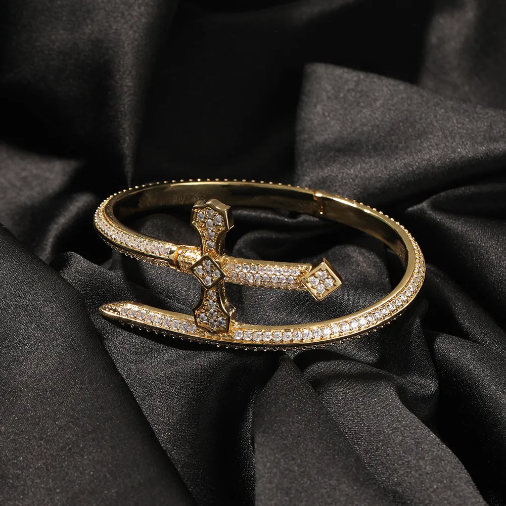 2024 New Sword Justice Gold Sier Color Cubic Zircon Cross Bracelet men Women Men Hip hop Jewelry_voghion.com