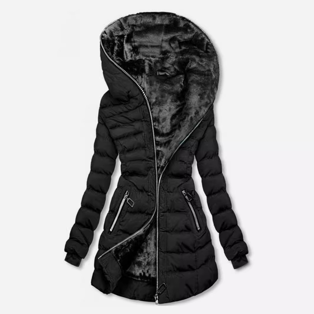 Chaqueta de invierno de algodón y terciopelo con cremallera y manga larga con capucha para mujer