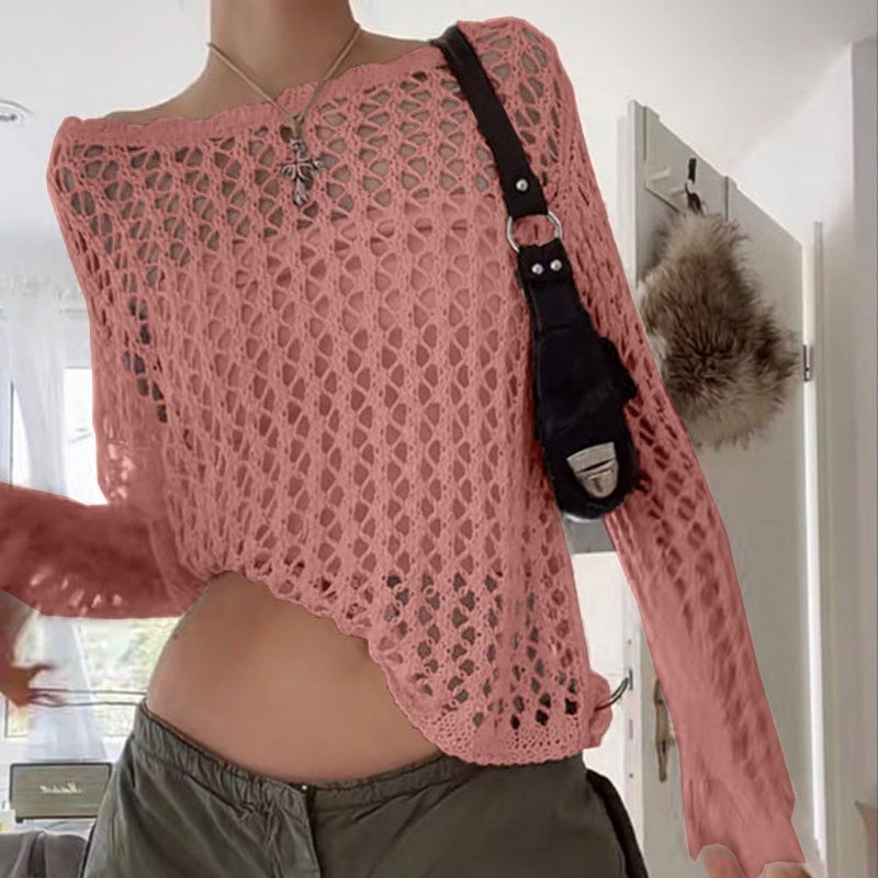 Damenmode einfarbiges, lockeres, perspektivisches Gitter-Langarm-Top_voghion.com
