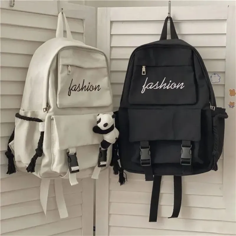 Women Korean Version Canvas Schoolbag Mens Casual Solid Color Backpack Travel School Large Capacity Shoulder Bag_voghion.com