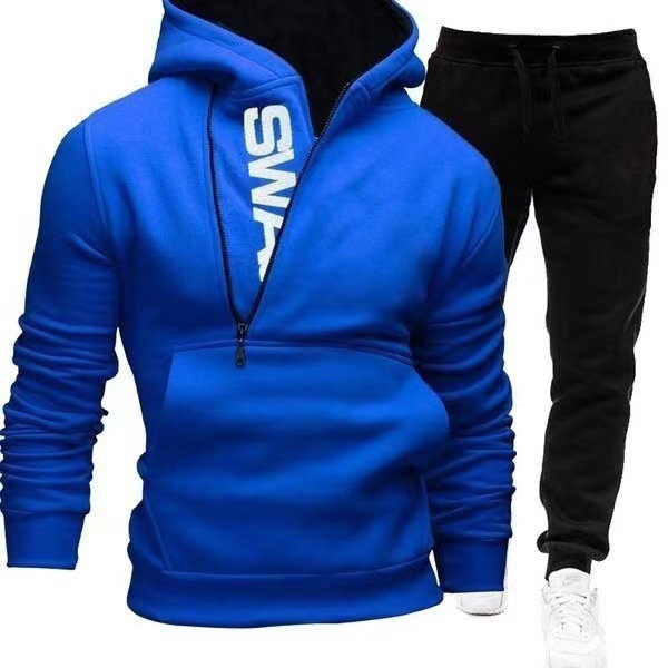 New men's hooded diagonal zipper printed pullover two-piece hoodie pants outer set_voghion.com