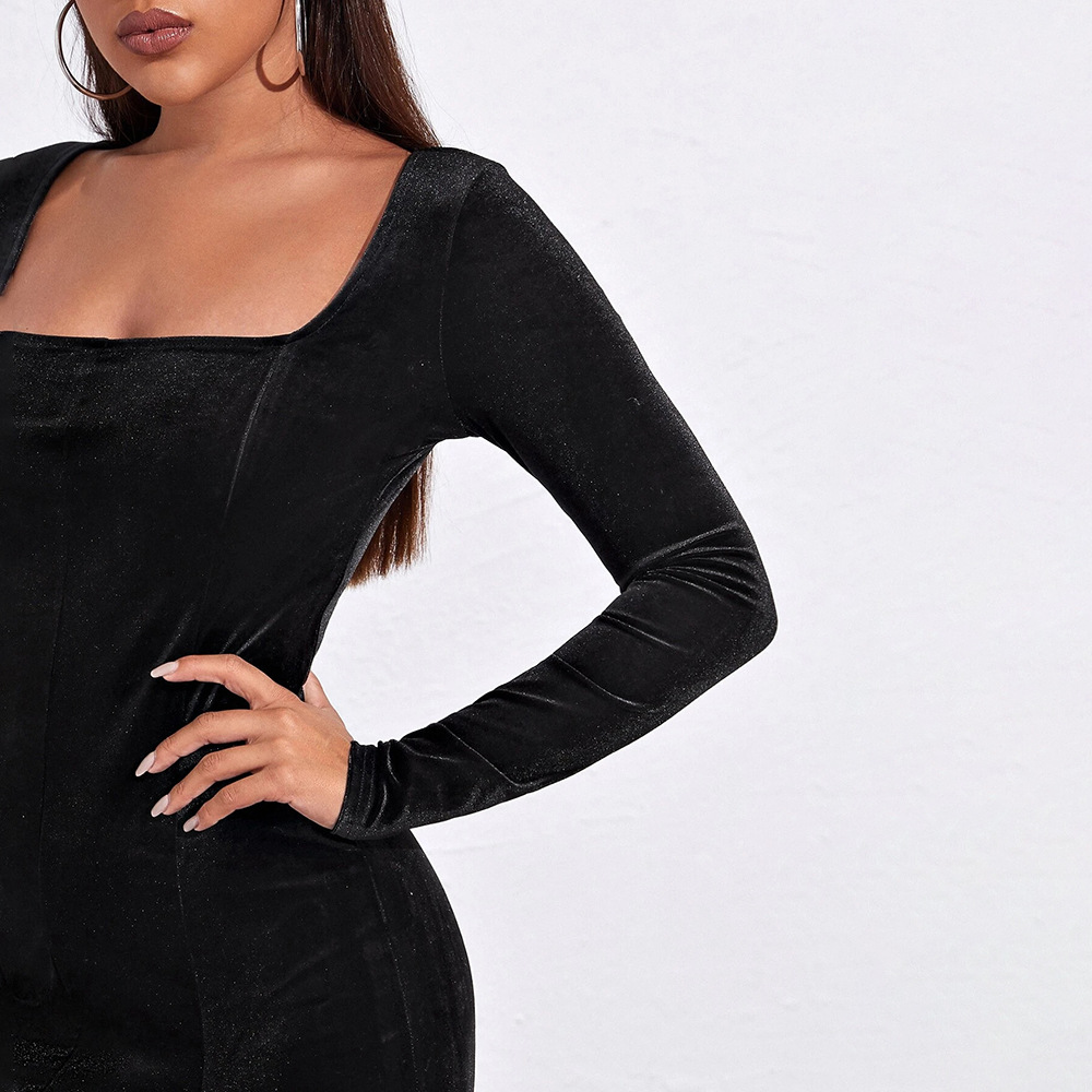 Damen Samtkleid Mit Schlitz Und Karree-ausschnitt Langärmlig_voghion.com