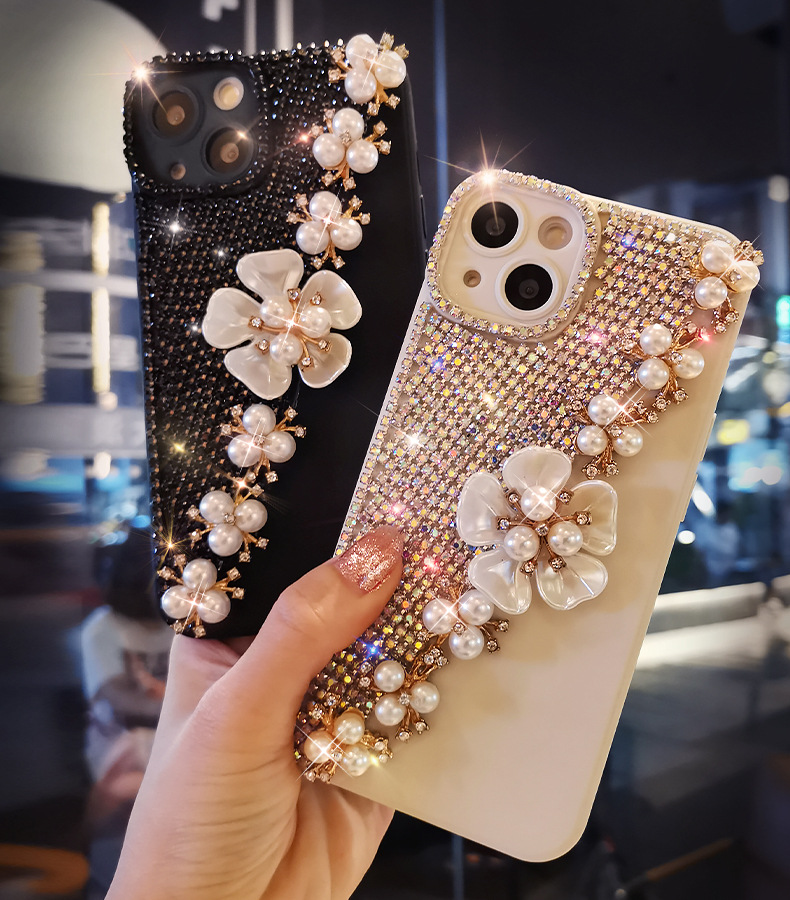 Suitable for 14/15 with diamond phone case iPhone 12/13 Pro Shell Pearl Flower Full Pack Silicone 11 Women's 8_voghion.com