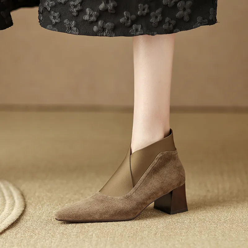 2024 New Spring Square Toe Women Pumps High Women's Heels Party Shoes Retro Kid Suede D074_voghion.com