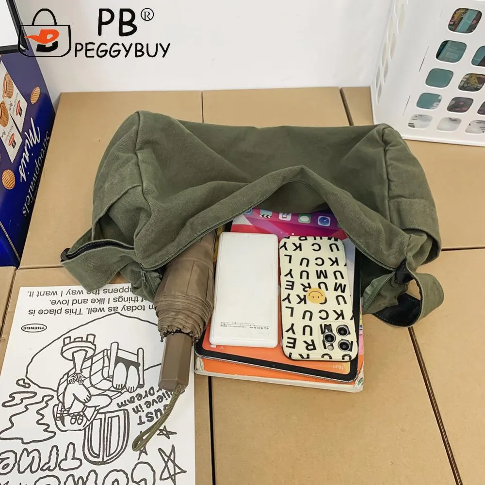 Borsa a tracolla in tela lavata da donna, grande capacità, tracolla regolabile, stile retrò, con tracolla, tracolla, shopping bag_voghion.com