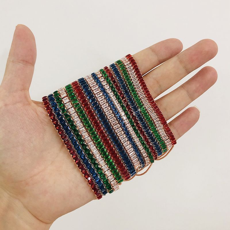 Unisex popularna narukvica s cirkonom u boji, 2*4 mm, jednoredni pravokutni, podesivi lančić za tenis punog promjera_voghion.com