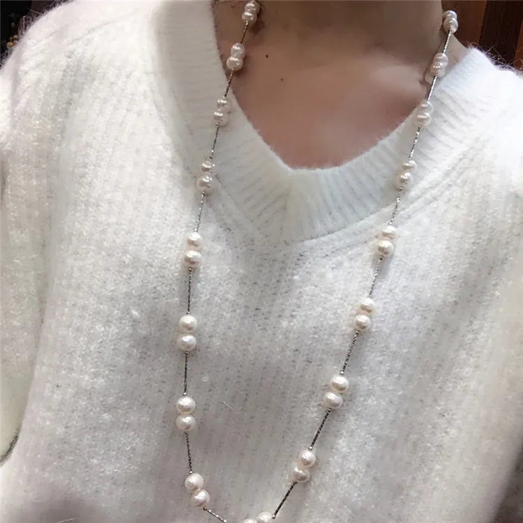 Kædestil Lang Sweaterkæde Naturlig 8-9mm Hvid Nær Rund Ferskvandsperlehalskæde Modesmykker_voghion.com