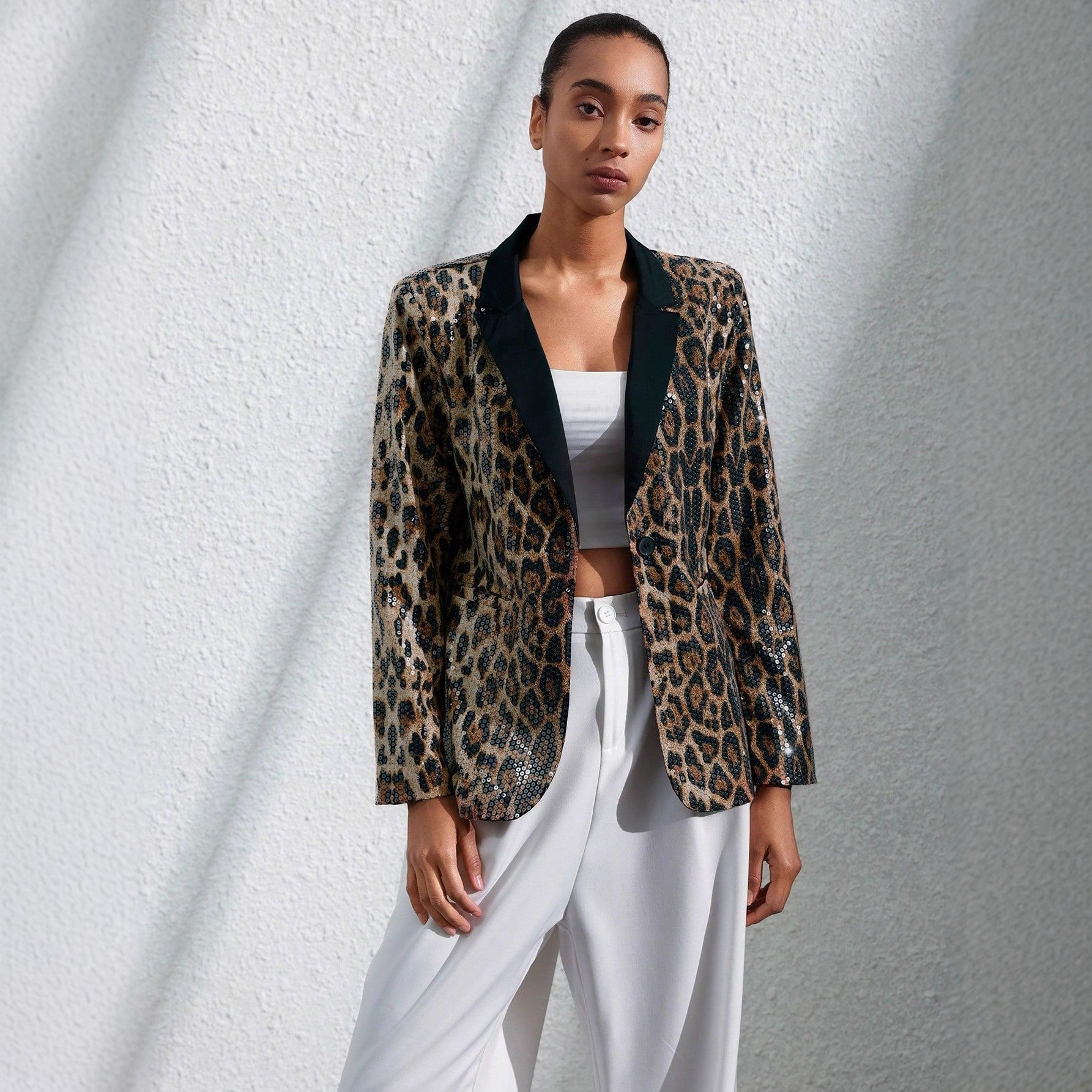 Party Style Fashion Design Classic Leopard Print Sequin Embroidery Patchwork Color Block Collar Women’s Heavy Craft Suit