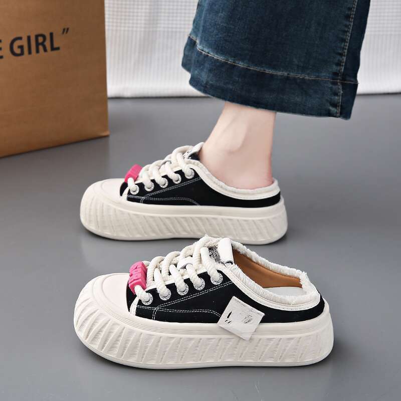 Women's Baotou Canvas Half Slip One Foot Lazy Thick Bottom Heel-less Board Shoes_voghion.com