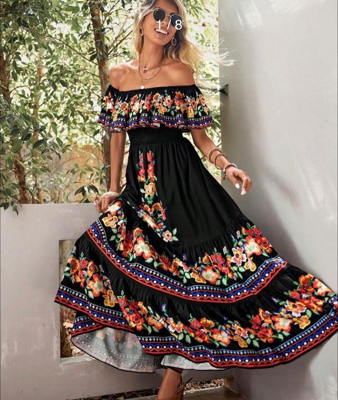 Women's new swing one-shoulder printed long dress