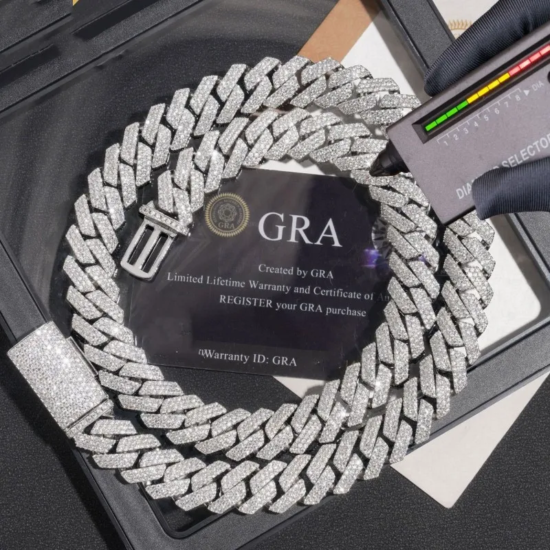14mm 18-24inch Fine Jewelry Ice Out Flashing Mossanite Diamond Necklace Sterling Sier VVS Moissanite Link Cuban Chain_voghion.com