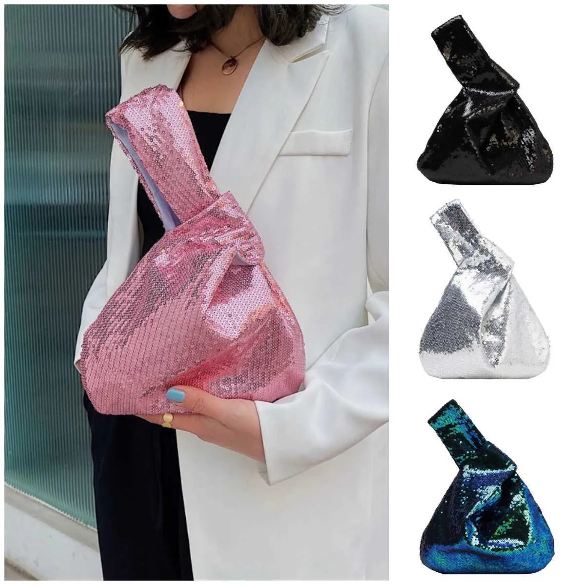 Portafoglio da donna alla moda con glitter scintillanti e chiusura a scatto, piccolo flash da polso con nodo, tasca, borsa firmata 2023 Y241106_voghion.com