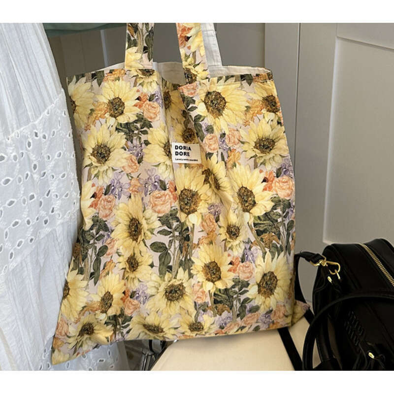 Polka Dot Blau Karierte Canvas Schultertasche für Studenten, Florale Stofftasche, schlicht und modisch_voghion.com